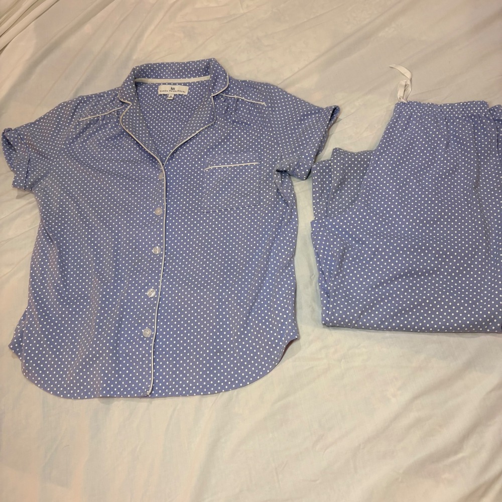 Karen Neuburger Blue Polka Dot Pajama Set Short Sleeve Top Cropped Pants Small